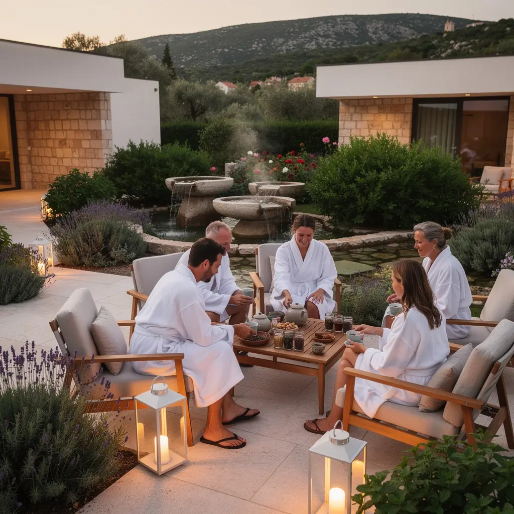 Zadovoljna osoba koja meditira uz šalicu biljnog čaja u tišini prirode