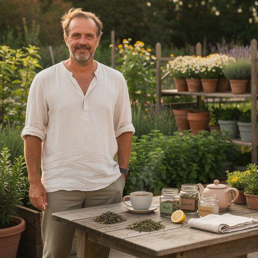 Zeleni čaj s mirisom lavande poslužuje se u udobnoj šalici na drvenom stolu.